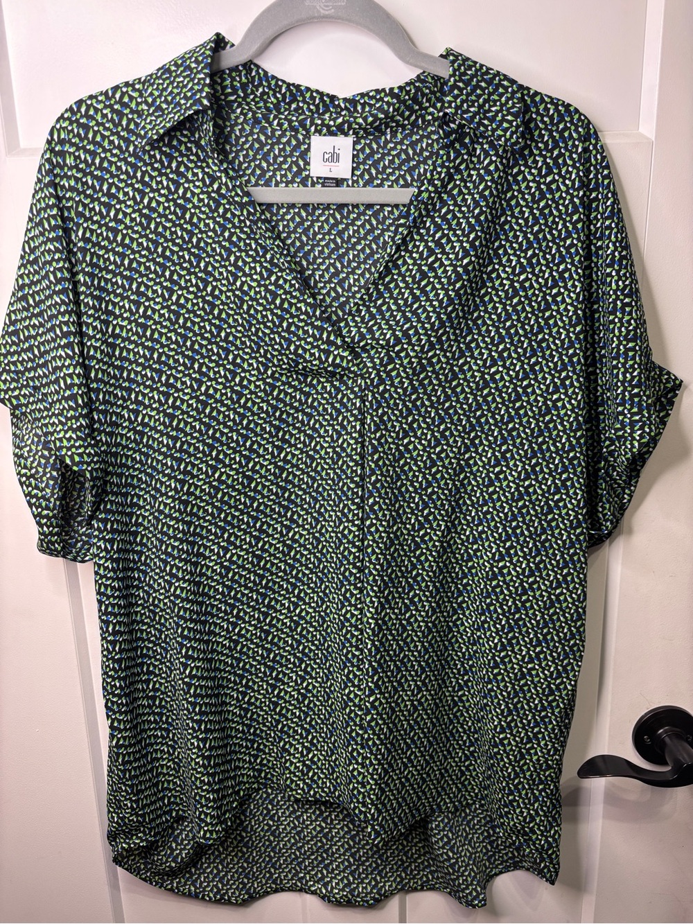 CAbi Green and Navy Micro-Print Short Sleeve Blouse